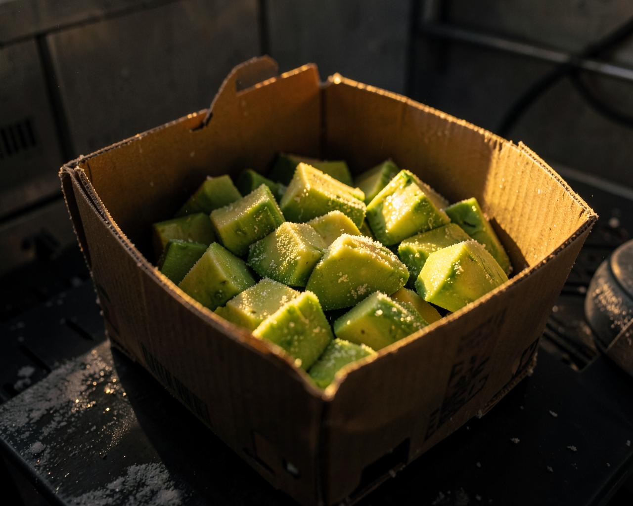 Frozen avocado cubes in a sealed export carton inside a cold room